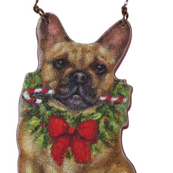 French Bulldog Christmas Tree Ornament Décor 4.5 " Tall Wreath,  Candy Cane - Picture 9 of 14